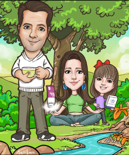 Caricatura colorida de família criada por André Lemos